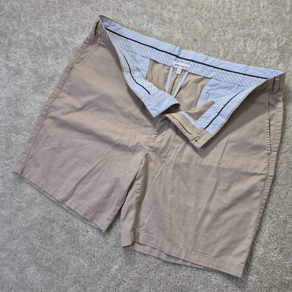 Peter Millar Soft Touch Twill Shorts Mens 42 Beige Cotton Comfort Golf Preppy